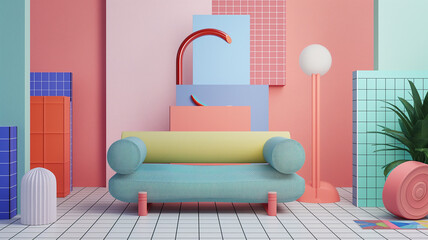 3d rendering  Kids living room , design integrates pixelated icons, pastel backgrounds, The playful and digital aesthetic of '90s handheld furniture