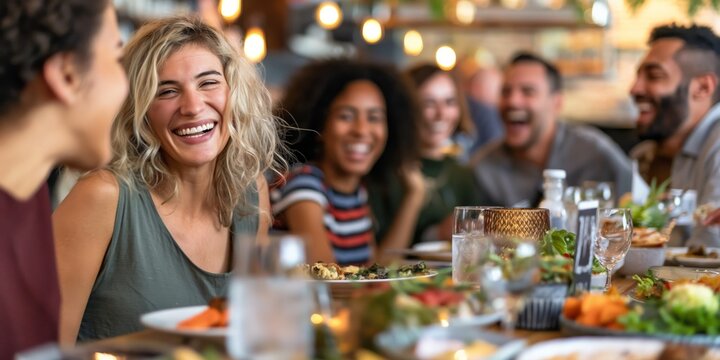 A group of happy friends sharing laughter and conversation over a meal in a casual dining restaurant with a lively ambiance
