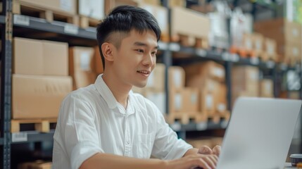 Obraz premium Distribution startup for shipping, delivery, and logistics: laptop, package, and businessman. Electronic commerce, supply chain, and man on computer scheduling package, parcel, and order