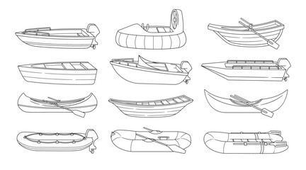 Black And White Outline Vector Set Of Various Types Of Boats Including Rowboats, Dinghies, Kayaks And Inflatable Boats