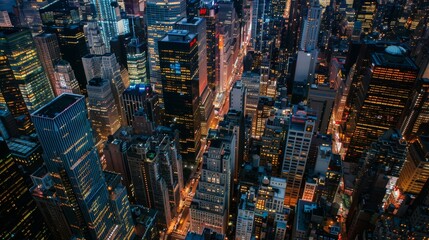 Stunning aerial shot of downtown Manhattan from a helicopter showing the architecture of the business district and the busy streets.