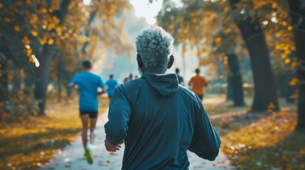 An Active Senior Man Competing with Young Joggers, Staying Healthy as they Run Through a Park Trail during a Marathon.