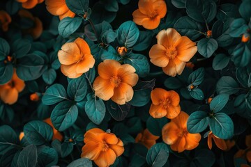 a bunch of orange flowers are in the middle of a picture