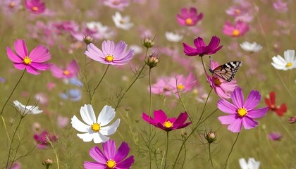 Butterflies Fluttering Around A Field Of Cosmos Upscaled 3