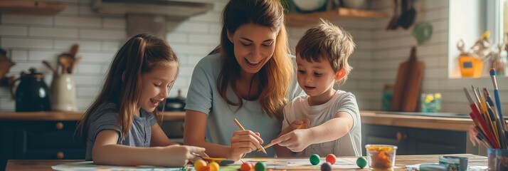 A mother and her two children enjoy a creative painting session together at home with colorful art supplies