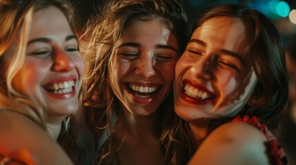 Obraz premium Positive people, photo or phone selfie on nightclub dance floor, bokeh disco or worldwide celebration. Mobile photo, social media, or profile picture of smile, bonding, or friends