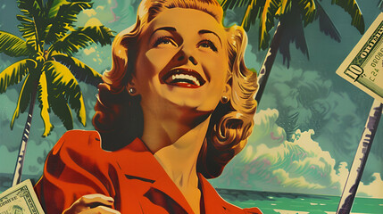 Retro woman holding money in her hand