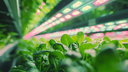 An LED lamp producing UV artificial sunlight produces a vertical farming rack with green spinach growing in a hydroponics system. Modern agriculture technology with efficient use of renewable energy.