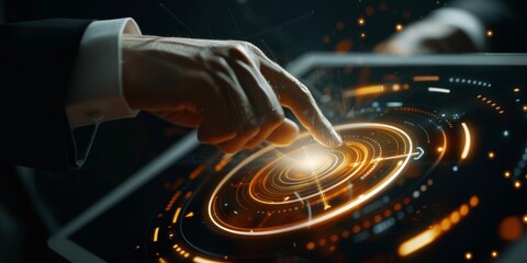 Digital, IT, data analytics, or global statistics hand, tablet, or hologram. Future man typing on holographic IoT dashboard overlay for networking at night.