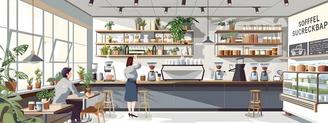 Sustainable Coffee Shop An Illustrated Cafe Specializing in Ecofriendly Practices and Local Organic Ingredients
