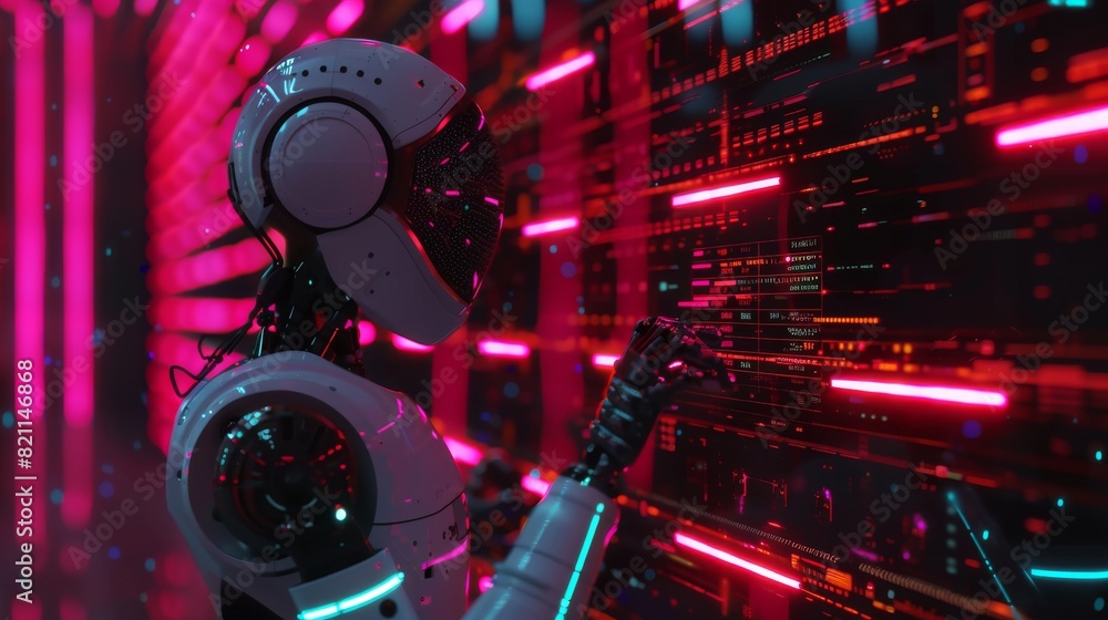 Poster humanoid works with internet information, cloud computing, neural big data, machine learning technol