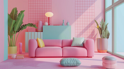 3d rendering  Kids living room , design integrates pixelated icons, pastel backgrounds, The playful and digital aesthetic of '90s handheld furniture