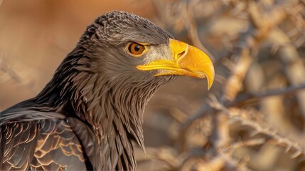 an eagle's head, its intricate feathers and distinctive yellow beak showcased against a softly blurred natural backdrop, evoking a sense of wild beauty.