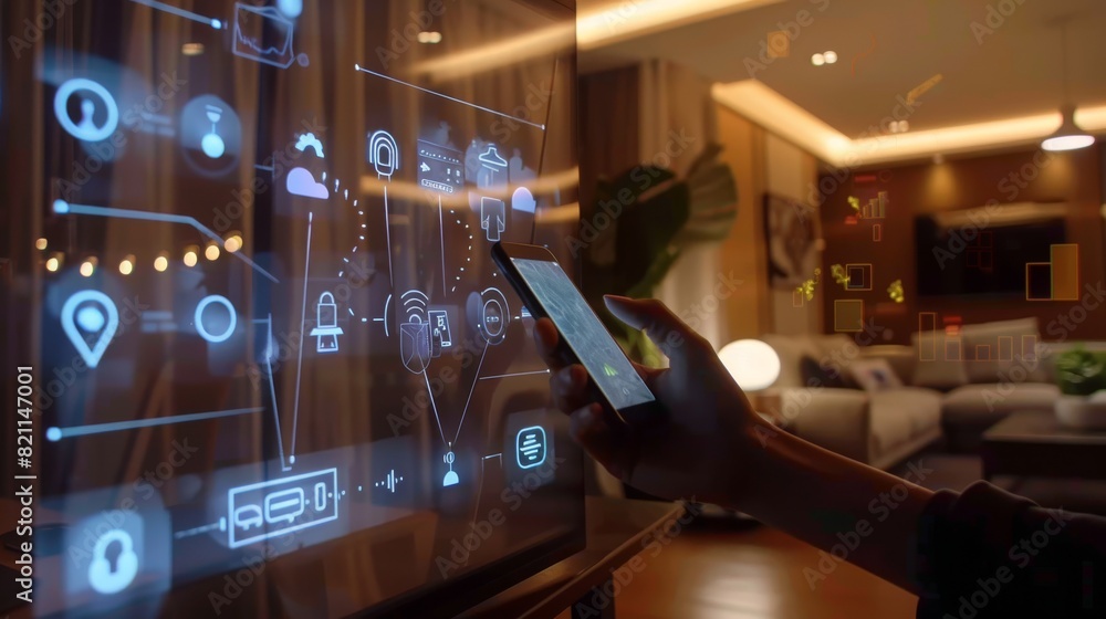 Poster stylish smart home device with infographics displayed on the display and icons surrounding the displ