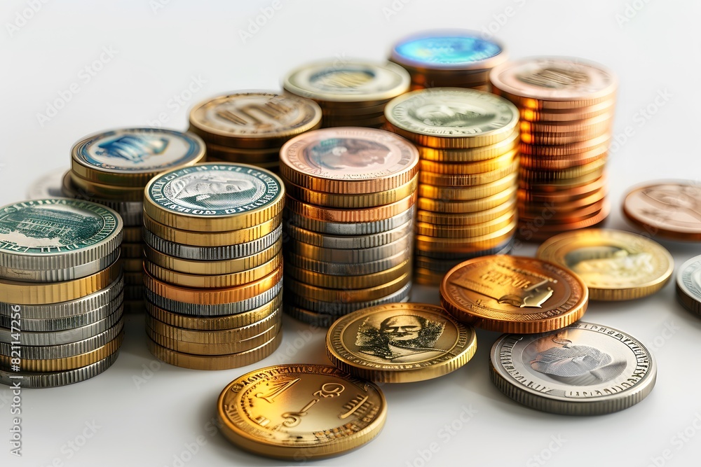 Poster close-up of stack of coins on white background