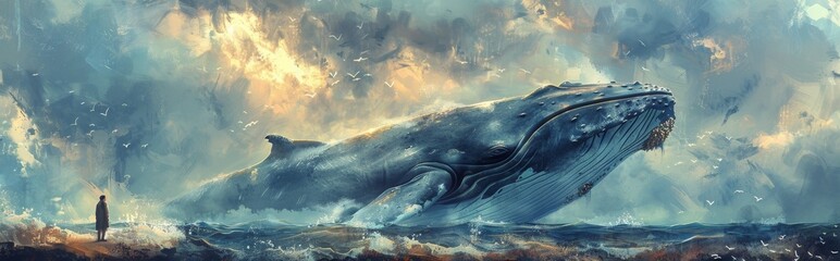 Fototapeta premium Jonah and the Whale - Illustration of Whale Swimming Beside Human Silhouette in Ocean, Digital Watercolor Painting, AI-Generated 4K Wallpaper Background
