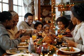 multigenerational black african american family including grandchildren, parents and grandparents enjoying a meal together at table in living on thanksgiving or Christmas