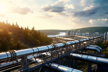 Aerial view of pipeline and pipe rack of industrial plant or industrial refinery factor with a cloudy sky at sunset; in a forest environment the future of energy