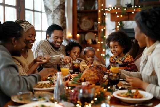 multigenerational black african american  family including grandchildren, parents  and grandparents enjoying a meal together at  table in living on thanksgiving or Christmas