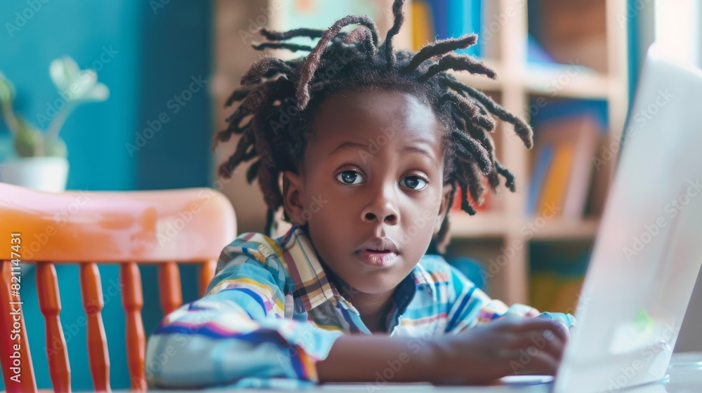Poster young attentive african man writing down notes and working on an online exercise in primary school. 