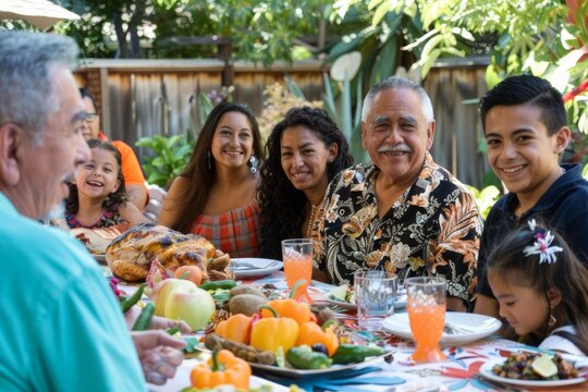 multigenerational hispanic family including grandchildren, parents and grandparents enjoying a meal together at backyard table on summer day