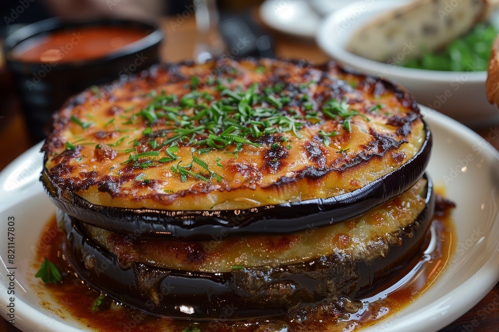 Wall mural Parmigiana di Melanzane: Layers of fried eggplant, rich tomato sauce, and melted mozzarella, baked to a golden brown.