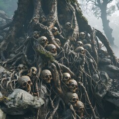 A tree with many skulls on it