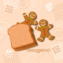National Gingerbread Day event banner. Several pieces of gingerbread stacked with two ginger cookies on light brown background to celebrate on June 5th