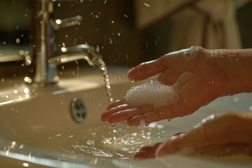 Fototapeta premium Handwashing, cleaning, and closeup with water for kitchen wellness. Prevent bacteria and disinfect soap, sink, and home before cooking with faucet.