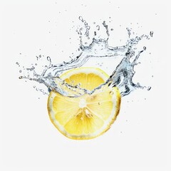A splash of water surrounds a yellow lemon