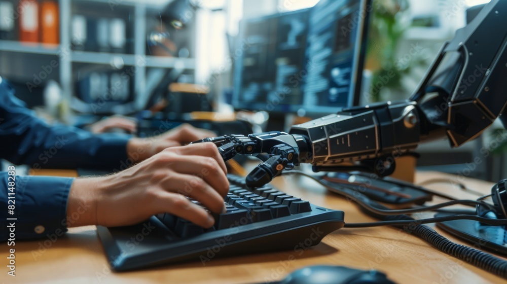 Poster a person with disabilities using a prosthetic arm to operate a computer. a professional using an adv