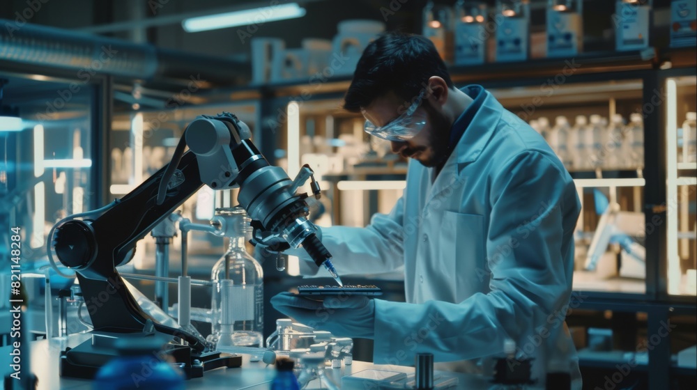 Poster scientist uses tablet computer to manipulate and program robotic arm to move microchip during resear