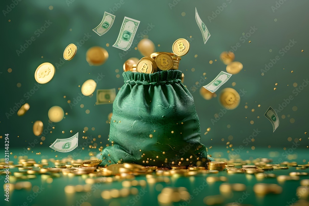 Canvas Prints green bag filled with coins and lots of money