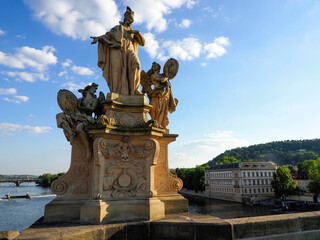 Isolated view of the 18th century monument of St Francis Borgia with two angels. Charles Bridge....