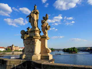Isolated view of the 18th century monument of St Francis Borgia with two angels. Charles Bridge....