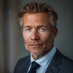  portrait photography, medium close-up shot, a Finnish man, about 50 years old, in a corporate suit without tie, slightly smiling at the camera