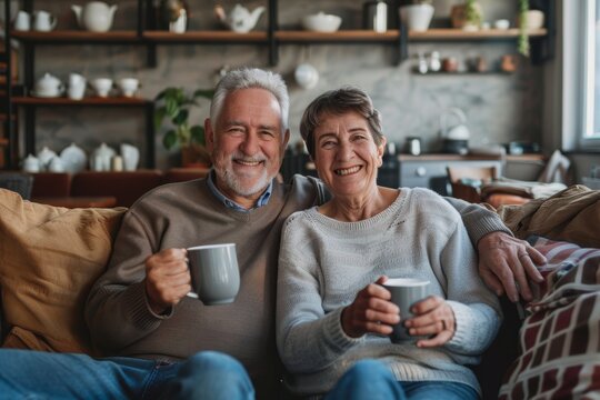 Senior couple hugging and smiling on living room sofa. Loving, mature woman and guy embracing while drinking tea and lounging on couch at home