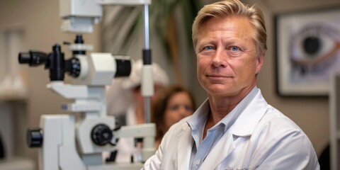 Optometrist with arms crossed in hospital or clinic for eye care. Senior male ophthalmologist or optometrist cheerful, confident, or proud