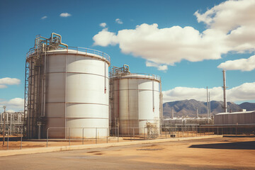 Medium shot of oil and gas terminal storage tanks of industrial plant or industrial refinery factor with a cloudy sky at midday or noon; in the desert the future of energy