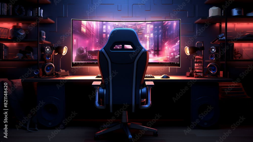 Poster a gaming room setup with a computer that has three screens a eccentric and light room with sunlight 