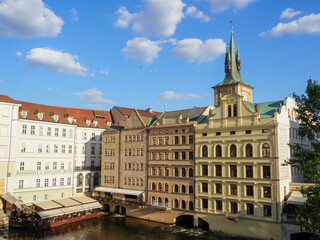Colorful low rise stylish buildings. Urban landscape view from Charles Bridge