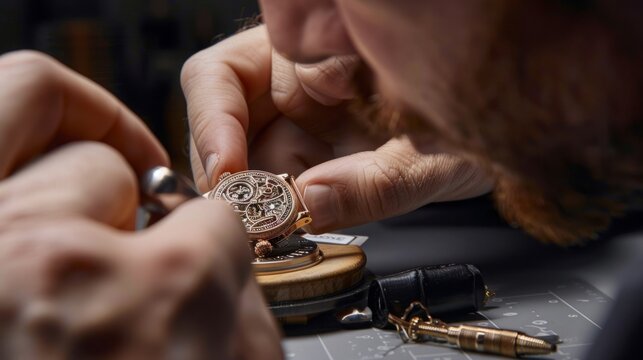 A man carefully works on a watch on a workbench in a workshop, surrounded by tools and equipment.