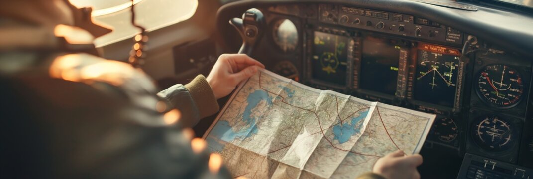 A pilot examines a map inside an aircraft's cockpit, surrounded by various flight instruments and gauges