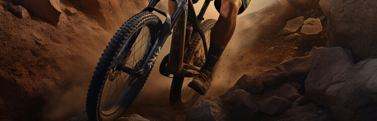 A stunning foto of a adult and Mongolian man riding his bicycle on a rocky mountain, a frontside portrait of a guy racing his mountain-bike on a hillside full of rocks at sunset