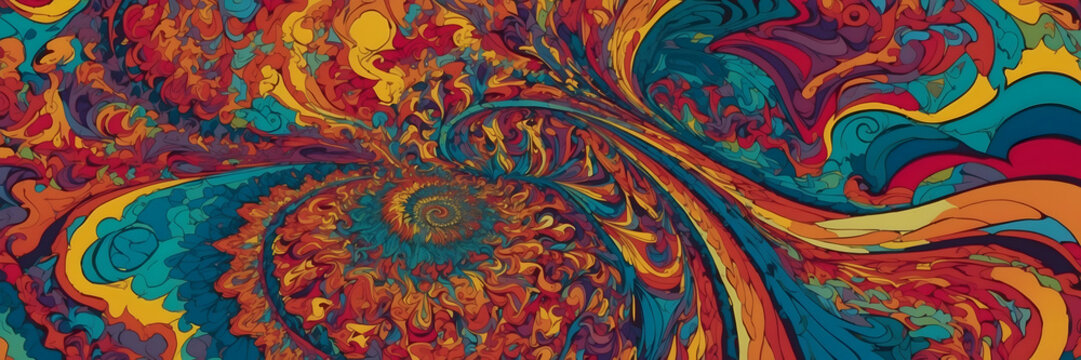 Richly colored image with fractal designs swirling into a spiral, resembling a vibrant abstract peacock tail
