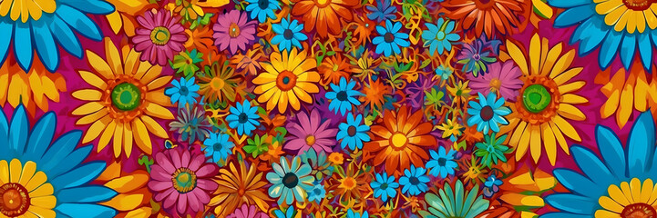 This vibrant and eye-catching pattern showcases an explosion of various colorful flowers in a dense floral design