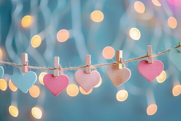 Happy Valentine's Day wedding birthday background banner panorama greeting - colorful hearts hang on wooden clothes pegs on a string, with bokeh lights in the background , close up - Powered by Adobe