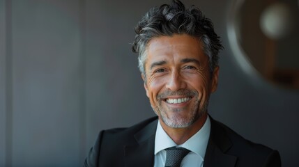  45-year-old man smiling, slightly gray hair, wearing a black suit, white shirt, gray tie, businessman 
