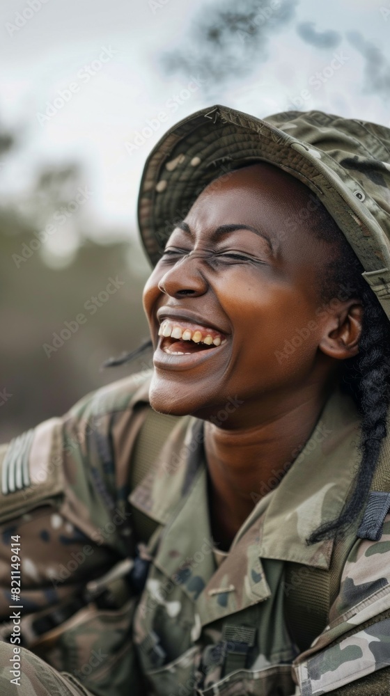 Wall mural A woman in a military uniform is smiling and laughing