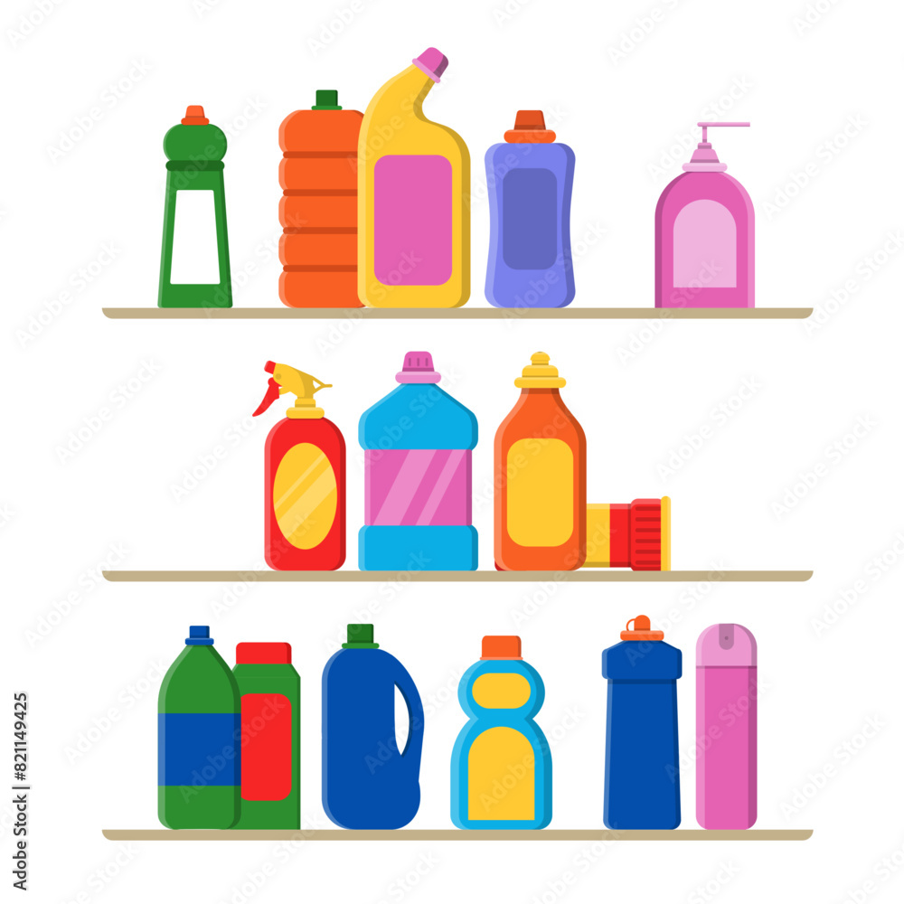 Sticker Bottles on shelves detergent and cleaning liquid products in colored bottles for domestic hygiene